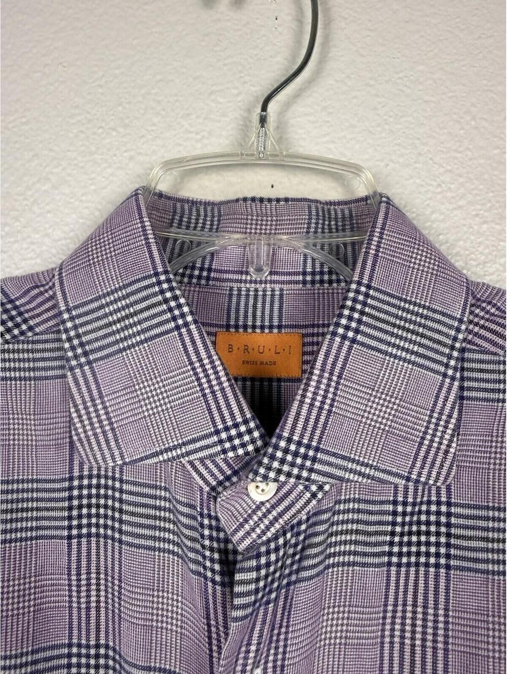 Bruli Swiss Made Mens Medium Purple Glen Plaid Button Up Shirt 100% Cotton